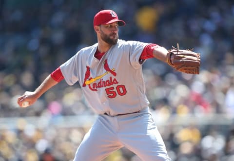 Apr 3, 2016; Pittsburgh, PA, USA; St. Louis Cardinals starting pitcher Adam Wainwright (50) pitches against the Pittsburgh Pirates during the second inning at PNC Park. Mandatory Credit: Charles LeClaire-USA TODAY Sports