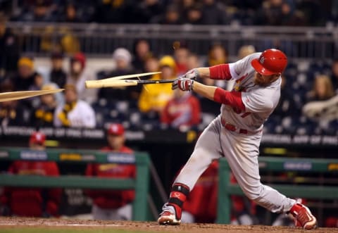 Apr 5, 2016; Pittsburgh, PA, USA; St. Louis Cardinals first baseman Brandon Moss (37) shatters his bat on a ground-out against the Pittsburgh Pirates during the eighth inning at PNC Park. Mandatory Credit: Charles LeClaire-USA TODAY Sports