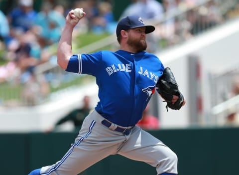 Mar 30, 2016; Fort Myers, FL, USA; Toronto Blue Jays relief pitcher Drew Storen (45) throws a pitch during the second inning against the Minnesota Twins at CenturyLink Sports Complex. Mandatory Credit: Kim Klement-USA TODAY Sports