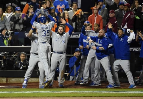 Nov 1, 2015; New York City, NY, USA; Kansas City Royals first baseman Eric Hosmer (35) celebrates with teammates after scoring a run against the New York Mets in the 9th inning in game five of the World Series at Citi Field. Mandatory Credit: Robert Deutsch-USA TODAY Sports