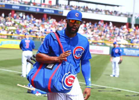 Mar 29, 2016; Mesa, AZ, USA; Chicago Cubs outfielder Jason Heyward against the Oakland Athletics during a spring training game at Sloan Park. Mandatory Credit: Mark J. Rebilas-USA TODAY Sports