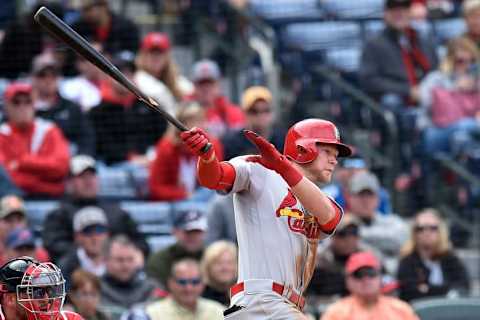 Apr 10, 2016; Atlanta, GA, USA; St. Louis Cardinals center fielder Jeremy Hazelbaker (41) hits an RBI against the Atlanta Braves during the eighth inning at Turner Field. Mandatory Credit: Dale Zanine-USA TODAY Sports