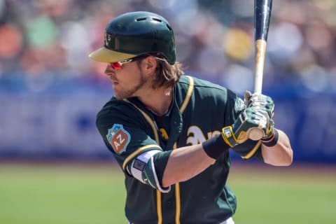 Apr 2, 2016; Oakland, CA, USA; Oakland Athletics right fielder Josh Reddick (22) waits for the pitch in the second inning against the San Francisco Giants at O.co Coliseum. Mandatory Credit: Kenny Karst-USA TODAY Sports