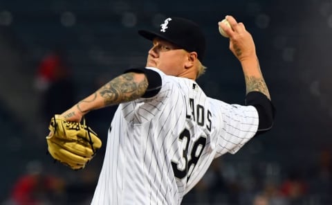 Apr 19, 2016; Chicago, IL, USA; Chicago White Sox starting pitcher Mat Latos (38) throws a pitch against the Los Angeles Angels during the first inning at U.S. Cellular Field. Mandatory Credit: Mike DiNovo-USA TODAY Sports