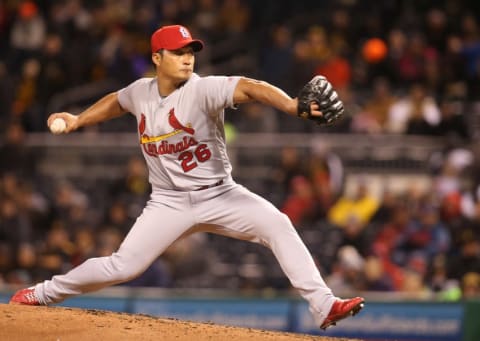 Apr 5, 2016; Pittsburgh, PA, USA; St. Louis Cardinals relief pitcher Seung Hwan Oh (26) pitches against the Pittsburgh Pirates during the sixth inning at PNC Park. Mandatory Credit: Charles LeClaire-USA TODAY Sports