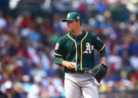 Mar 29, 2016; Mesa, AZ, USA; Oakland Athletics pitcher Sonny Gray against the Chicago Cubs during a spring training game at Sloan Park. Mandatory Credit: Mark J. Rebilas-USA TODAY Sports