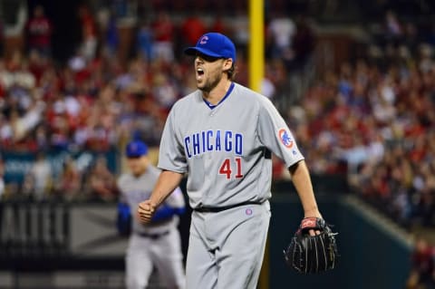 Apr 18, 2016; St. Louis, MO, USA; Chicago Cubs starting pitcher John Lackey (41) reacts after striking out St. Louis Cardinals third baseman Matt Carpenter (not pictured) to end the fifth inning at Busch Stadium. Mandatory Credit: Jeff Curry-USA TODAY Sports