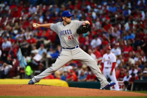 Apr 18, 2016; St. Louis, MO, USA; Chicago Cubs starting pitcher John Lackey (41) pitches to a St. Louis Cardinals batter during the first inning at Busch Stadium. Mandatory Credit: Jeff Curry-USA TODAY Sports