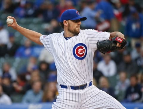 May 11, 2016; Chicago, IL, USA; Chicago Cubs starting pitcher John Lackey (41) throws the ball against the San Diego Paders at Wrigley Field. Mandatory Credit: Kamil Krzaczynski-USA TODAY Sports