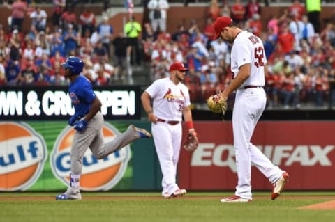 May 24, 2016; St. Louis, MO, USA; St. Louis Cardinals starting pitcher Michael Wacha (52) reacts after allowing a solo home run to Chicago Cubs left fielder Jorge Soler (68) at Busch Stadium. Mandatory Credit: Jasen Vinlove-USA TODAY Sports