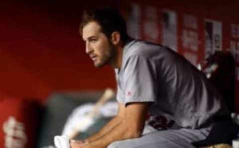 Apr 28, 2016; Phoenix, AZ, USA; St. Louis Cardinals starting pitcher Michael Wacha (52) sits in the dugout during the fourth inning against the Arizona Diamondbacks at Chase Field. Mandatory Credit: Joe Camporeale-USA TODAY Sports