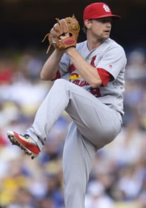 May 15, 2016; Los Angeles, CA, USA; St. Louis Cardinals starting pitcher Mike Leake (8) pitches in the second inning against the Los Angeles Dodgers at Dodger Stadium. Mandatory Credit: Robert Hanashiro-USA TODAY Sports