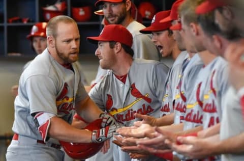 Jun 1, 2016; Milwaukee, WI, USA; St. Louis Cardinals first baseman Brandon Moss (37) is greeted in the dugout after hitting a solo home run in the ninth inning against the Milwaukee Brewers at Miller Park. Mandatory Credit: Benny Sieu-USA TODAY Sports