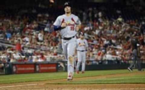 May 28, 2016; Washington, DC, USA; St. Louis Cardinals center fielder Randal Grichuk (15) scores a run against the Washington Nationals in the ninth inning at Nationals Park. The Cardinals won 9-4. Mandatory Credit: Geoff Burke-USA TODAY Sports