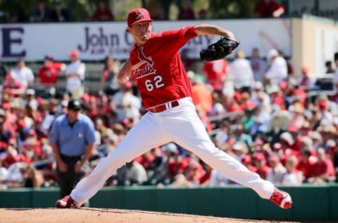 Mar 6, 2016; Jupiter, FL, USA; St. Louis Cardinals starting pitcher Deck McGuire (62) delivers a pitch against the Washington Nationals during a spring training game at Roger Dean Stadium. Mandatory Credit: Steve Mitchell-USA TODAY Sports