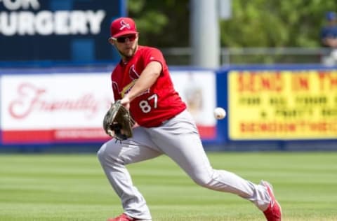 Mar 12, 2016; Port St. Lucie, FL, USA; St. Louis Cardinals third baseman Jacob Wilson (87) takes infield practice before a spring training game against the New York Mets at Tradition Field. Mandatory Credit: Steve Mitchell-USA TODAY Sports