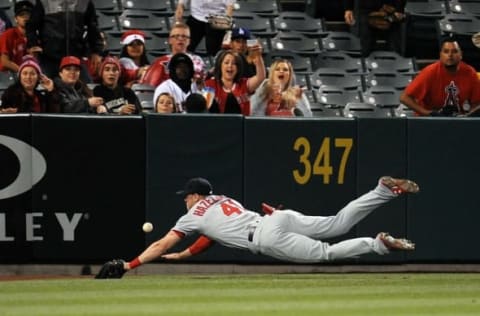 May 10, 2016; Anaheim, CA, USA; St. Louis Cardinals left fielder Jeremy Hazelbaker (41) misses catching a against Los Angeles Angels in the eighth inning at Angel Stadium of Anaheim. Mandatory Credit: Gary A. Vasquez-USA TODAY Sports