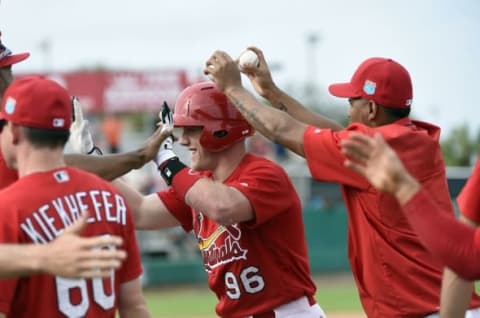 Mar 12, 2016; Jupiter, FL, USA; St. Louis Cardinals pinch hitter Harrison Bader is congratulated after the victory over the Houston Astros during the game at Roger Dean Stadium. The Cardinals defeated the Astros 4-3. Mandatory Credit: Scott Rovak-USA TODAY Sports