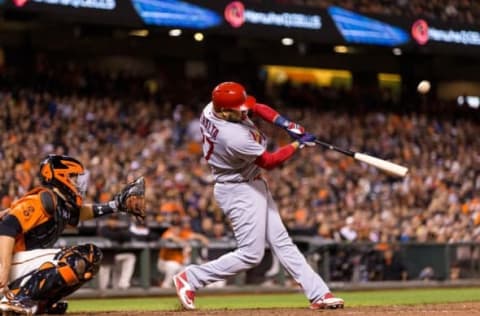 Sep 16, 2016; San Francisco, CA, USA; St. Louis Cardinals third baseman Jhonny Peralta (27) flies out against the San Francisco Giants in the fifth inning at AT&T Park. Mandatory Credit: John Hefti-USA TODAY Sports