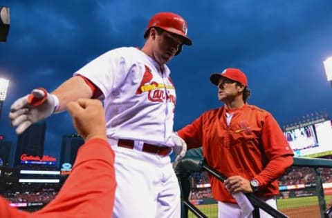 Sep 29, 2016; St. Louis, MO, USA; St. Louis Cardinals second baseman Jedd Gyorko (3) celebrates with manager Mike Matheny (22) after hitting a solo home run off of Cincinnati Reds starting pitcher Dan Straily (not pictured) during the second inning at Busch Stadium. Mandatory Credit: Jeff Curry-USA TODAY Sports