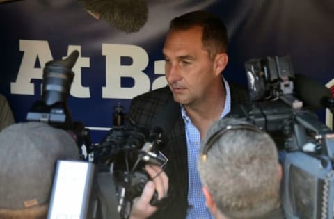 Oct 8, 2015; St. Louis, MO, USA; St. Louis Cardinals general manager John Mozeliak talks with the media during NLDS workout day prior to game one of the NLDS against the Chicago Cubs at Busch Stadium. Mandatory Credit: Jeff Curry-USA TODAY Sports