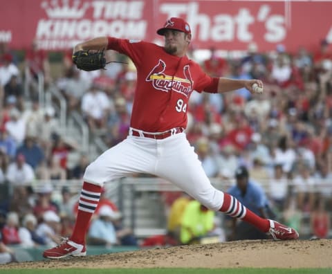 Mar 14, 2016; Jupiter, FL, USA; St. Louis Cardinals starting pitcher Austin Gomber (94) delivers a pitch against the Minnesota Twins during the game at Roger Dean Stadium. The Twins defeated the Cardinals 5-3. Mandatory Credit: Scott Rovak-USA TODAY Sports