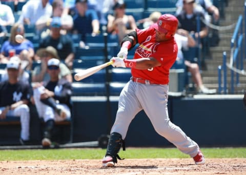 Mar 31, 2016; Tampa, FL, USA; St. Louis Cardinals catcher Brayan Pena (33) singles during the fifth inning against the New York Yankees at George M. Steinbrenner Field. Mandatory Credit: Kim Klement-USA TODAY Sports