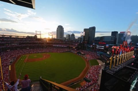 Jun 4, 2016; St. Louis, MO, USA; Fans celebrate as the sun sets after a solo home run by St. Louis Cardinals first baseman Matt Adams (not pictured) against San Francisco Giants starting pitcher Jeff Samardzija (not pictured) during the sixth inning at Busch Stadium. The Cardinals won 7-4. Mandatory Credit: Jeff Curry-USA TODAY Sports