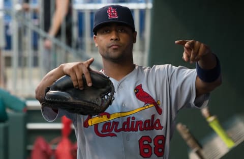 Aug 20, 2016; Philadelphia, PA, USA; St. Louis Cardinals catcher Alberto Rosario (68) before action against the Philadelphia Phillies at Citizens Bank Park. Mandatory Credit: Bill Streicher-USA TODAY Sports