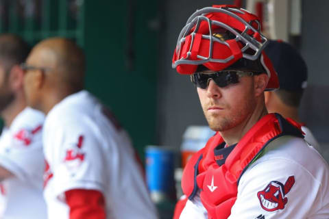 Sep 18, 2016; Cleveland, OH, USA; Cleveland Indians catcher Chris Gimenez (38) against the Detroit Tigers at Progressive Field. The Tigers won 9-5. Mandatory Credit: Aaron Doster-USA TODAY Sports