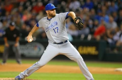 Sep 10, 2016; Chicago, IL, USA; Kansas City Royals relief pitcher Wade Davis (17) delivers a pitch during the ninth inning against the Chicago White Sox at U.S. Cellular Field. Kansas City won 6-5. Mandatory Credit: Dennis Wierzbicki-USA TODAY Sports