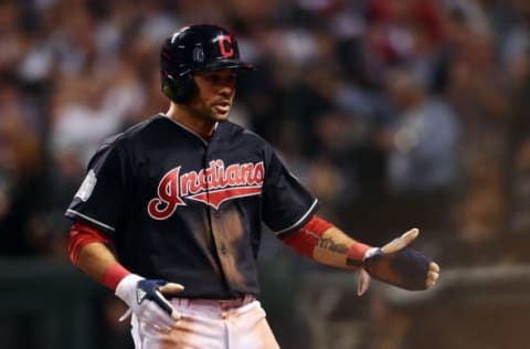 Nov 2, 2016; Cleveland, OH, USA; Cleveland Indians outfielder Coco Crisp scores a run against the Chicago Cubs in the third inning in game seven of the 2016 World Series at Progressive Field. Mandatory Credit: Ken Blaze-USA TODAY Sports