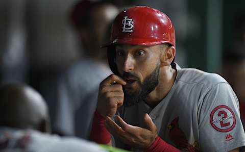 PITTSBURGH, PA – AUGUST 04: Matt Carpenter #13 of the St. Louis Cardinals reacts in the dugout with Marcell Ozuna #23 after hitting a solo home run in ninth inning during the game against the Pittsburgh Pirates at PNC Park on August 4, 2018 in Pittsburgh, Pennsylvania. (Photo by Justin Berl/Getty Images)