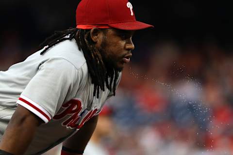 WASHINGTON, DC – AUGUST 22: Maikel Franco #7 of the Philadelphia Phillies looks on against the Washington Nationals during the first inning at Nationals Park on August 22, 2018 in Washington, DC. (Photo by Patrick Smith/Getty Images)