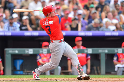 DENVER, CO – AUGUST 26: Jedd Gyorko #3 of the St. Louis Cardinals singles in the third inning of a game against the Colorado Rockies at Coors Field on August 26, 2018 in Denver, Colorado. Players are wearing special jerseys with their nicknames on them during Players’ Weekend. (Photo by Dustin Bradford/Getty Images)