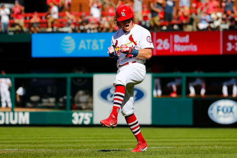 ST. LOUIS, MO – SEPTEMBER 2: Harrison Bader #48 of the St. Louis Cardinals celebrates after batting in the game-tying run against the Cincinnati Reds in the eighth inning at Busch Stadium on September 2, 2018 in St. Louis, Missouri. (Photo by Dilip Vishwanat/Getty Images)