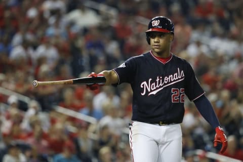 WASHINGTON, DC – SEPTEMBER 04: Juan Soto #22 of the Washington Nationals reacts after drawing an RBI walk scoring Trea Turner #7 (not pictured) in the fifth inning against the St. Louis Cardinals at Nationals Park on September 4, 2018 in Washington, DC. (Photo by Patrick McDermott/Getty Images)