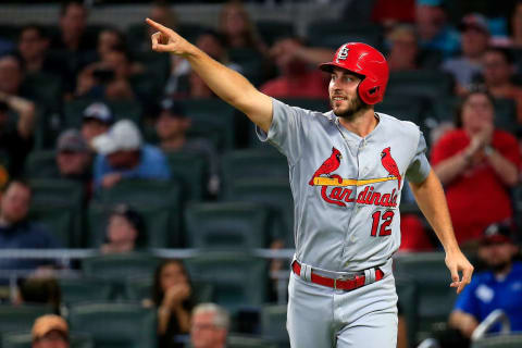 ATLANTA, GA – SEPTEMBER 18: Paul DeJong #12 of the St. Louis Cardinals celebrates scoring during the eighth inning against the Atlanta Braves at SunTrust Park on September 18, 2018 in Atlanta, Georgia. (Photo by Daniel Shirey/Getty Images)