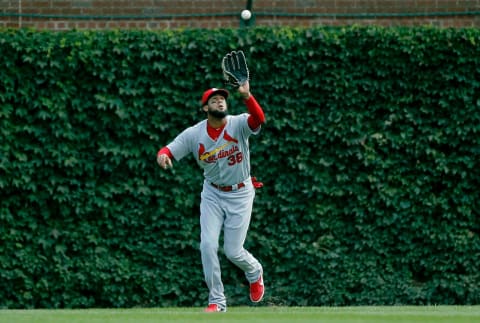 CHICAGO, IL – SEPTEMBER 29: Jose Martinez #38 of the St. Louis Cardinals makes a catch for an out on a fly ball hit by Anthony Rizzo #44 of the Chicago Cubs (not pictured) during the first inning at Wrigley Field on September 29, 2018 in Chicago, Illinois. (Photo by Jon Durr/Getty Images)