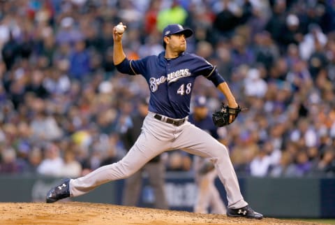 DENVER, CO – OCTOBER 07: Pitcher Joakim Soria #48 of the Milwaukee Brewers throws in the sixth inning of Game Three of the National League Division Series against the Colorado Rockies at Coors Field on October 7, 2018 in Denver, Colorado. (Photo by Justin Edmonds/Getty Images)