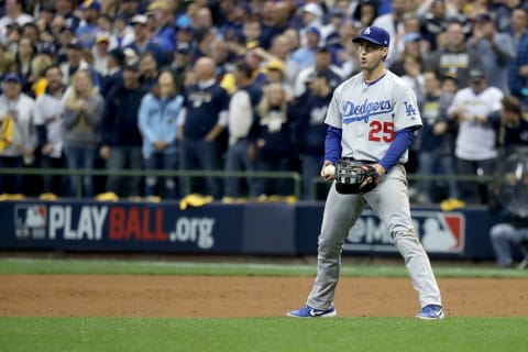 MILWAUKEE, WI – OCTOBER 12: David Freese #25 of the Los Angeles Dodgers reacts after a catcher’s interefernce call during the fourth inning against the Milwaukee Brewers in Game One of the National League Championship Series at Miller Park on October 12, 2018 in Milwaukee, Wisconsin. (Photo by Rob Carr/Getty Images)