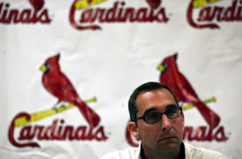 JUPITER, FL – FEBRUARY 16: General Manager John Mozeliak of the St. Louis Cardinals speaks at a press conference at Roger Dean Stadium on February 16, 2011 in Jupiter, Florida. (Photo by Marc Serota/Getty Images)