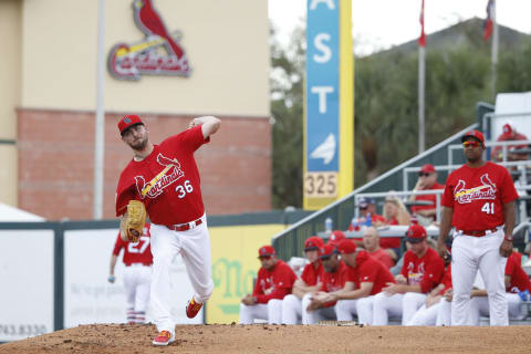 JUPITER, FL – FEBRUARY 27: Austin Gomber #36 of the St. Louis Cardinals warms up in the right field bullpen in the second inning of a Grapefruit League spring training game against the Atlanta Braves at Roger Dean Stadium on February 27, 2019 in Jupiter, Florida. (Photo by Joe Robbins/Getty Images)