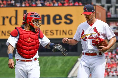 ST. LOUIS, MO – APRIL 07: St. Louis Cardinals catcher Yadier Molina (4) and St. Louis Cardinals starting pitcher Adam Wainwright (50) as seen prior to the game between the St. Louis Cardinals and San Diego Padres on April 07, 2019 at Bush Stadium in Saint Louis Mo. (Photo by Jimmy Simmons/Icon Sportswire via Getty Images)