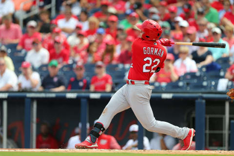 WEST PALM BEACH, FL – MARCH 16: Nolan Gorman #22 of the St. Louis Cardinals in action against the Washington Nationals during a spring training baseball game at Fitteam Ballpark of the Palm Beaches on March 16, 2019 in West Palm Beach, Florida. (Photo by Rich Schultz/Getty Images)