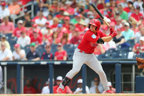 WEST PALM BEACH, FL – MARCH 16: Nolan Gorman #22 of the St. Louis Cardinals in action against the Washington Nationals during a spring training baseball game at Fitteam Ballpark of the Palm Beaches on March 16, 2019 in West Palm Beach, Florida. (Photo by Rich Schultz/Getty Images)