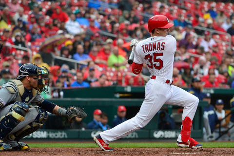 ST LOUIS, MO – APRIL 24: Lane Thomas #35 of the St. Louis Cardinals hits a single during the sixth inning against the Milwaukee Brewers at Busch Stadium on April 24, 2019 in St Louis, Missouri. (Photo by Jeff Curry/Getty Images)