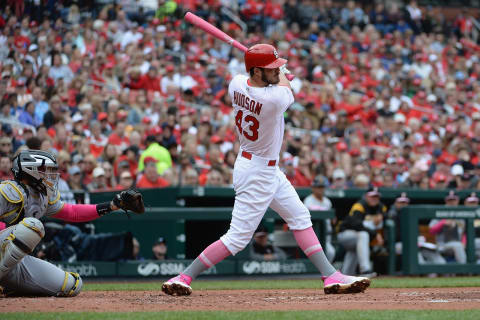 ST. LOUIS, MO – MAY 12: Dakota Hudson #43 of the St. Louis Cardinals hits a single in the first inning against the Pittsburgh Pirates at Busch Stadium on May 12, 2019 in St. Louis, Missouri. The Pirates defeated the Cardinals 10-6. (Photo by Michael B. Thomas /Getty Images)