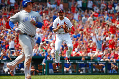 ST LOUIS, MO – JUNE 02: Adam Wainwright #50 of the St. Louis Cardinals celebrates the third out of the in the eighth inning at Busch Stadium on June 2, 2019 in St Louis, Missouri. (Photo by Dilip Vishwanat/Getty Images)