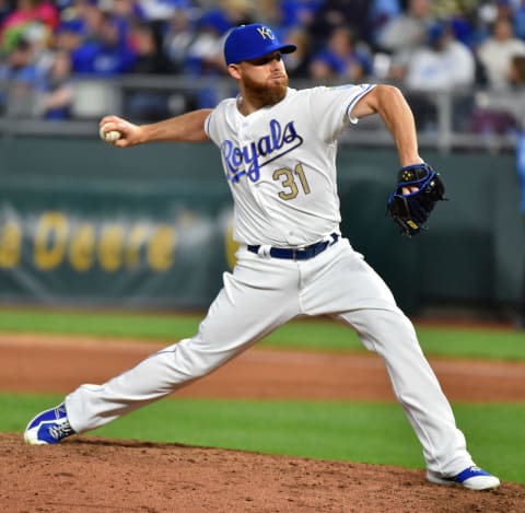 KANSAS CITY, MISSOURI – MAY 10: Relief pitcher Ian Kennedy #31 of the Kansas City Royals throws in the ninth inning against the Philadelphia Phillies at Kauffman Stadium on May 10, 2019 in Kansas City, Missouri. (Photo by Ed Zurga/Getty Images)